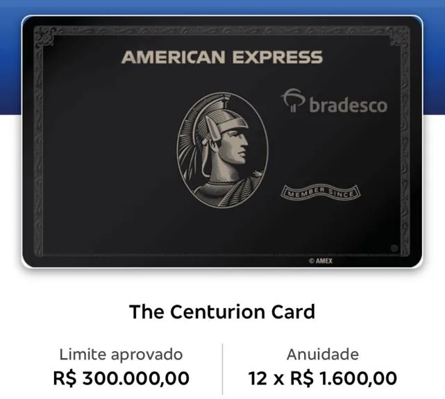 Aceite digital do The Centurion Card com limite aprovado de R$ 300.000,00
